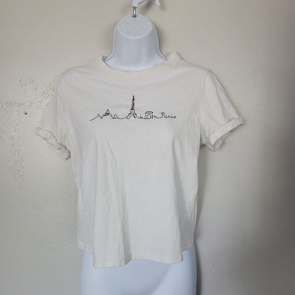 Forever 21 Small White Short Sleeve T-shirt Black Stitched Paris Skyline Top - Picture 1 of 5